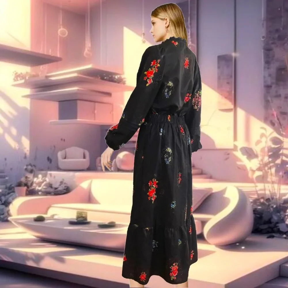 DONNA BELLA Black Floral Motifs Long Sleeve Blouse and Long Skirt Ensemble Sz M - Picture 5 of 7